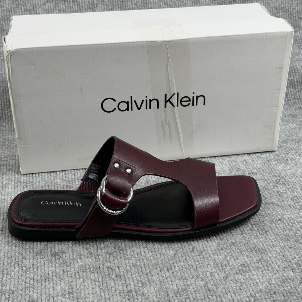 Calvin Klein Size-8.5M Women's Meritt Leather Flat Slip-On Sandals Dark Red